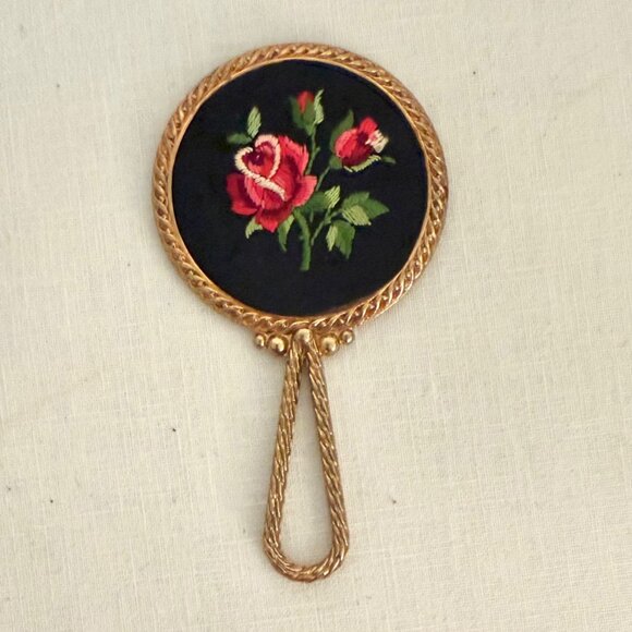 Antique Gold Hand Mirror Small Embroidered Rose Design Early 1900s Heirloom Vani - Picture 1 of 10